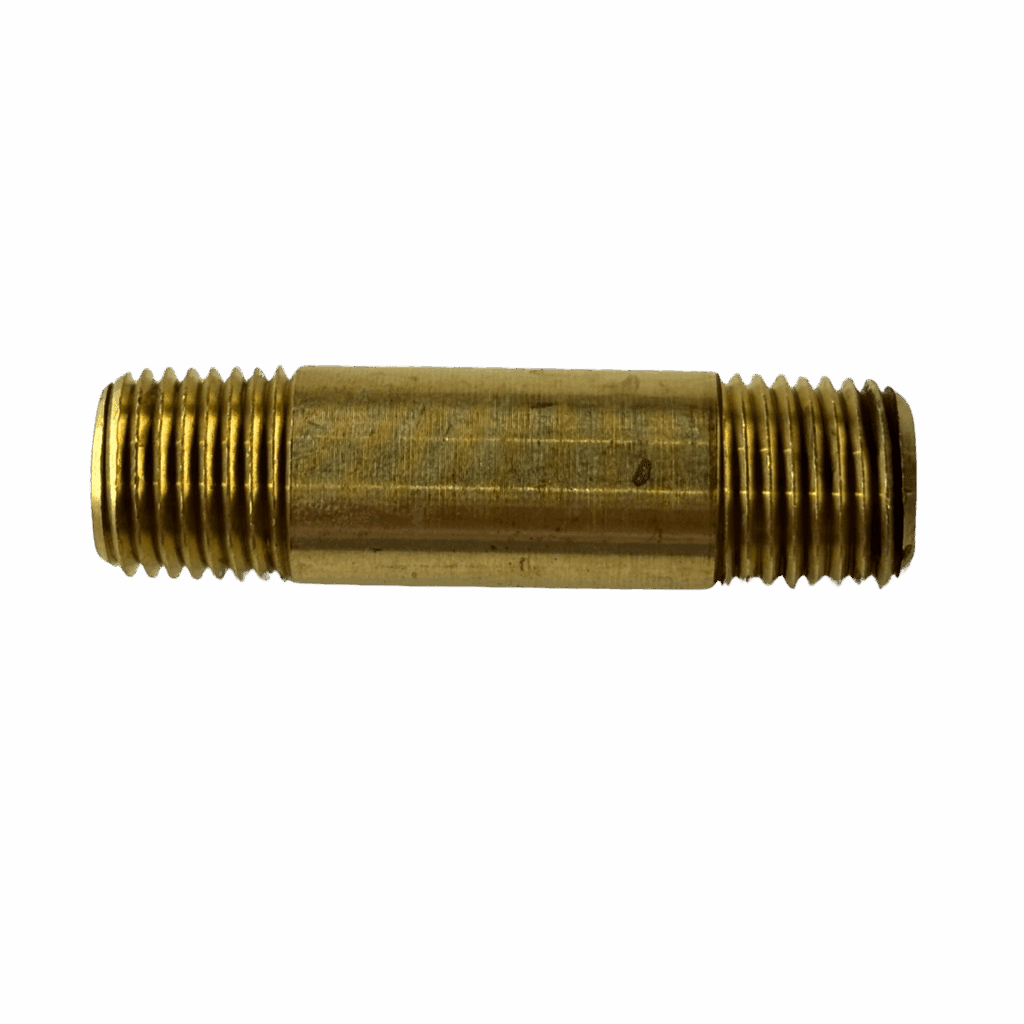 A brass double-ended threaded pipe nipple.