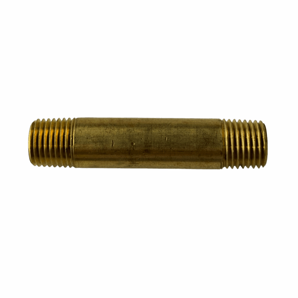 Brass pipe nipple with threaded ends on both sides.