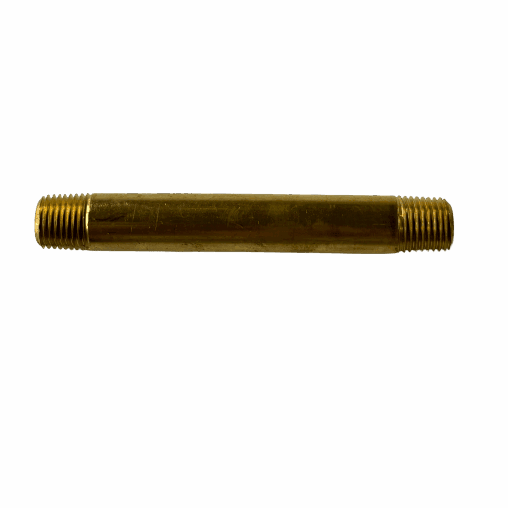 A brass cylindrical pipe with threaded ends.