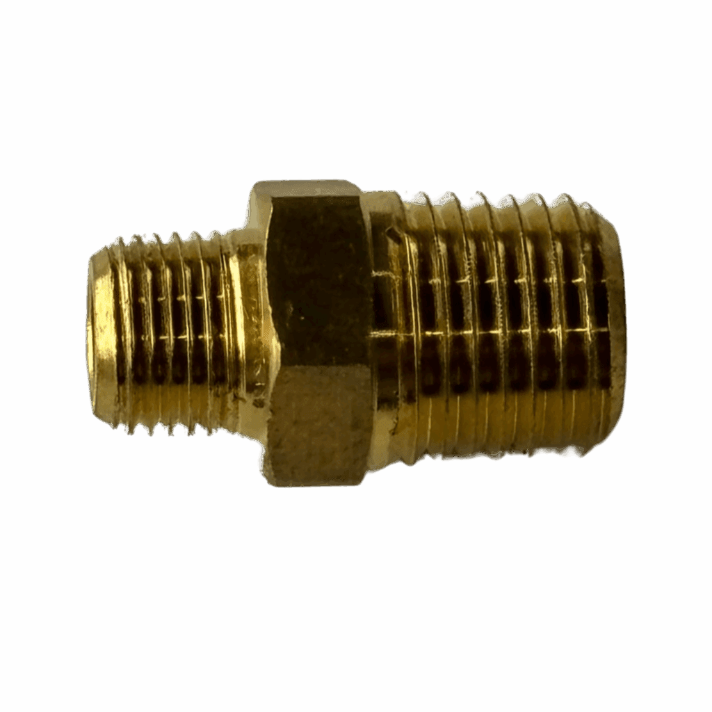 A brass threaded pipe fitting with hexagonal center.