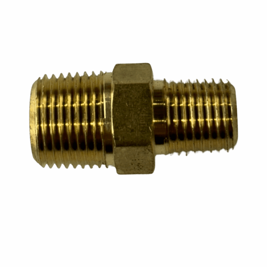 A brass pipe fitting with threaded ends for connecting pipes.