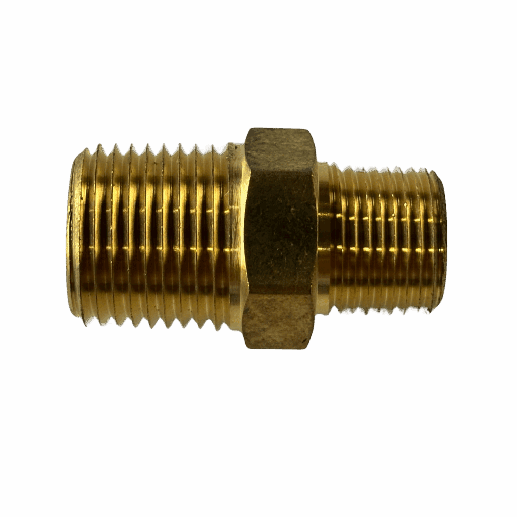 Metal pipe fitting with threaded ends on a plain background.