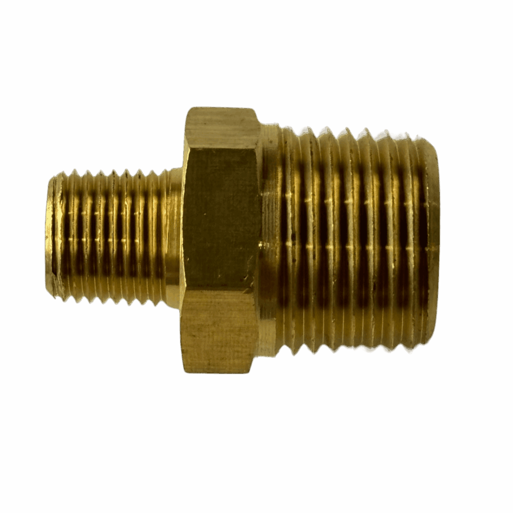 Brass pipe fitting with threaded ends for plumbing connections.