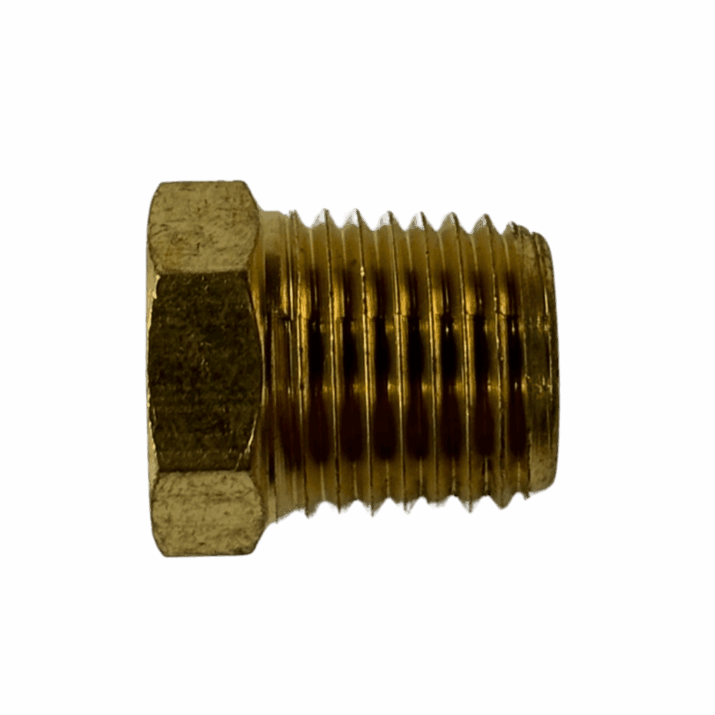 Close-up of a brass hexagonal threaded pipe fitting.