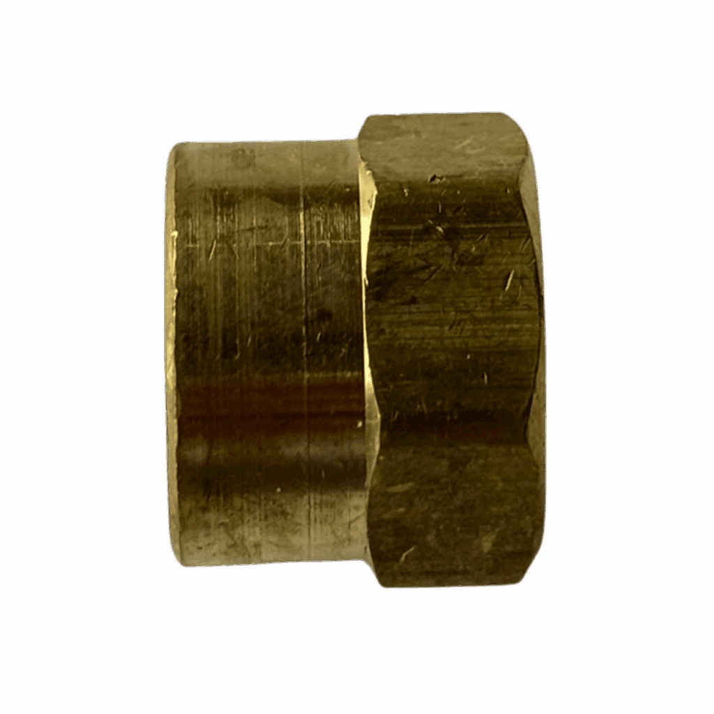 A brass pipe fitting with hexagonal and cylindrical shapes.