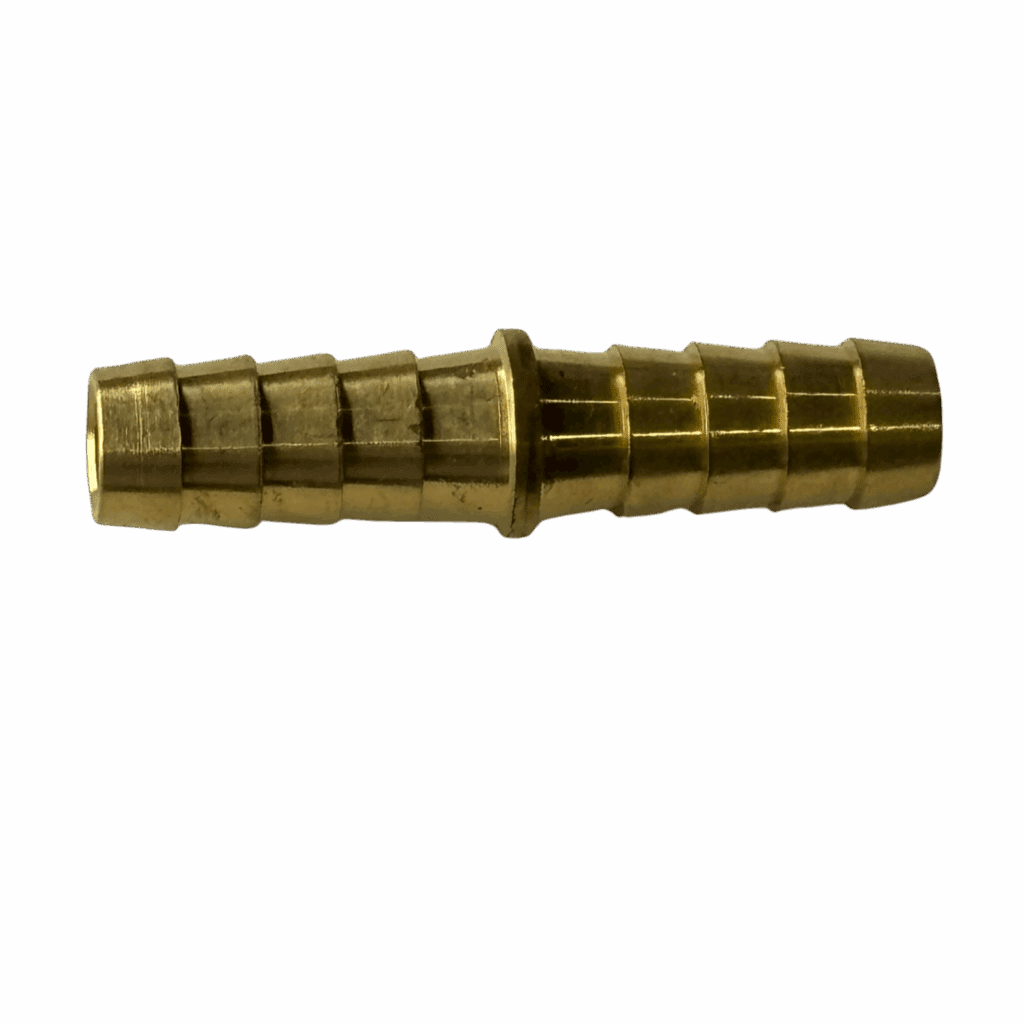 A brass hose connector with barbed ends.