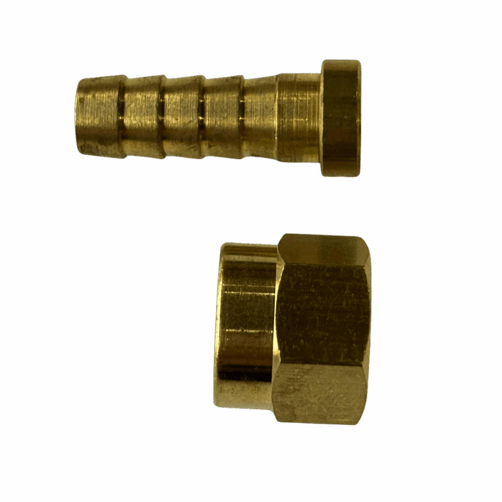 Two brass hose fittings, one male and one female, isolated on a dark background.