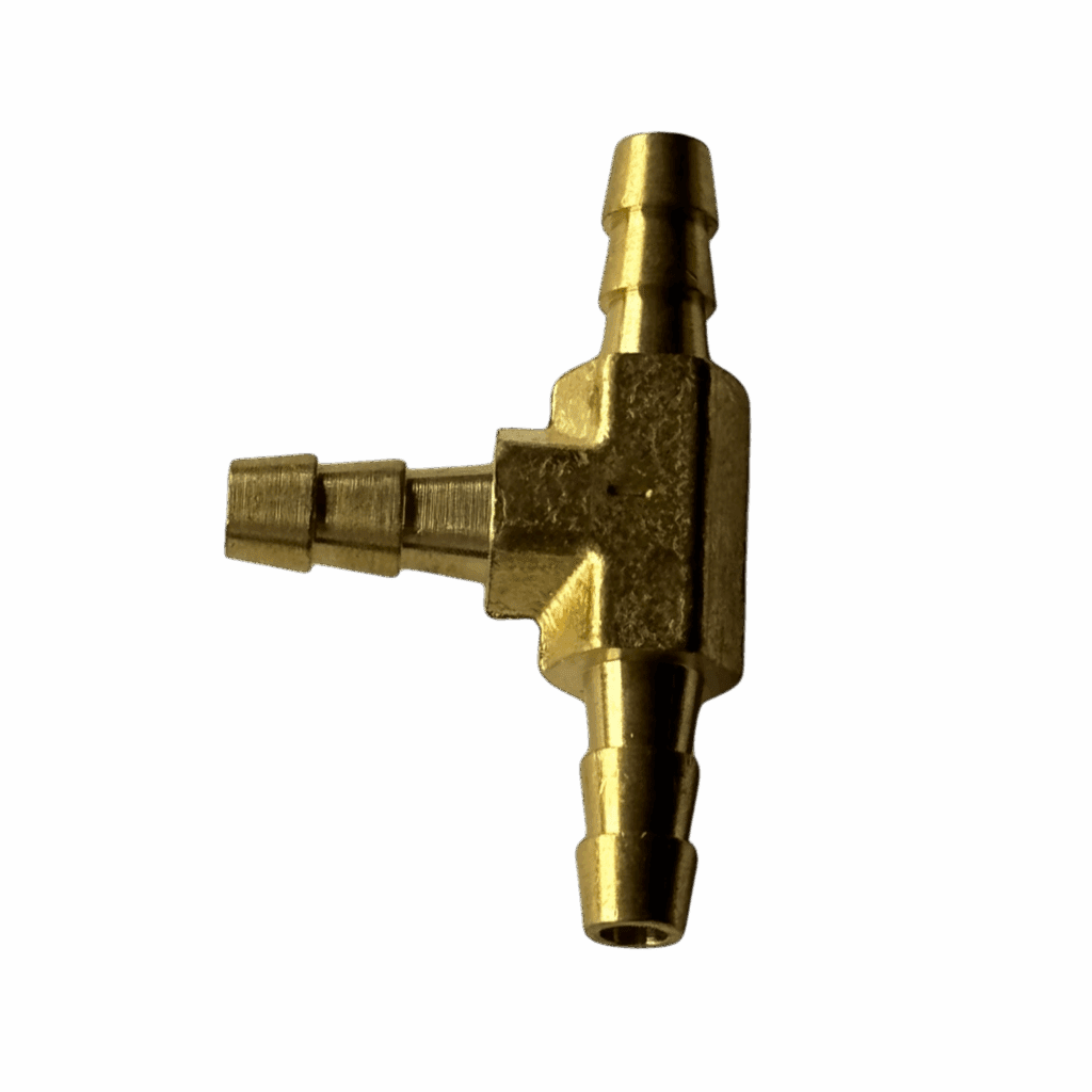 Brass T-shaped hose connector with three barbed ends for tubing.