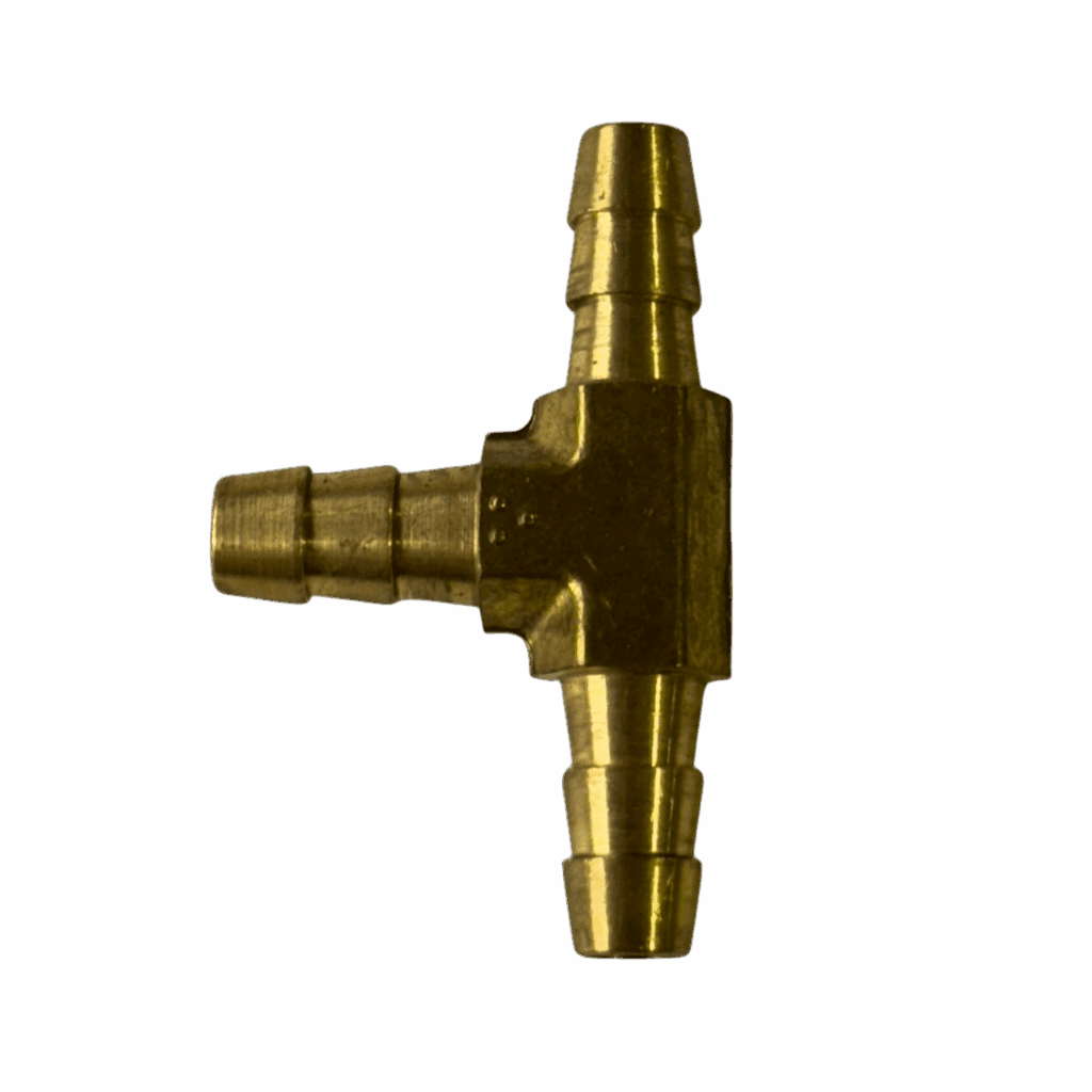 Brass T-shaped hose connector with three barbed ends for tubing.