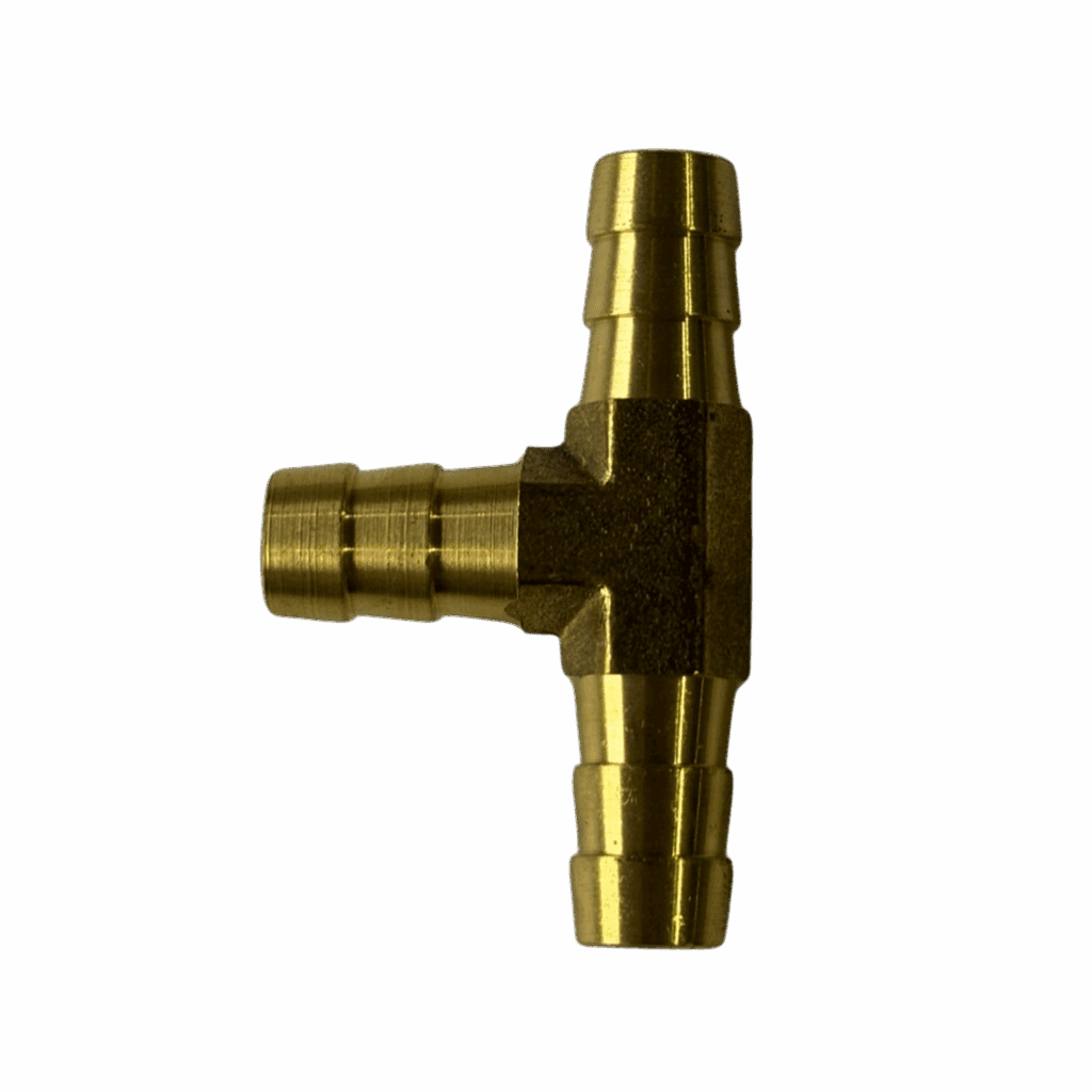A brass T-shaped hose connector with three barbed ends.