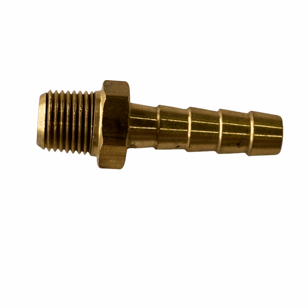 Brass hose barb fitting with threaded end.