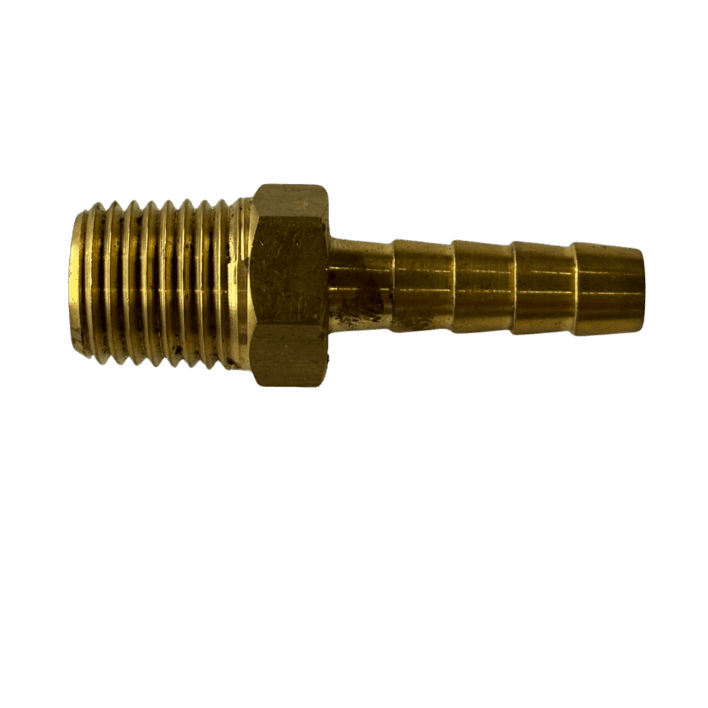 Close-up of a brass hose barb fitting with a threaded end.