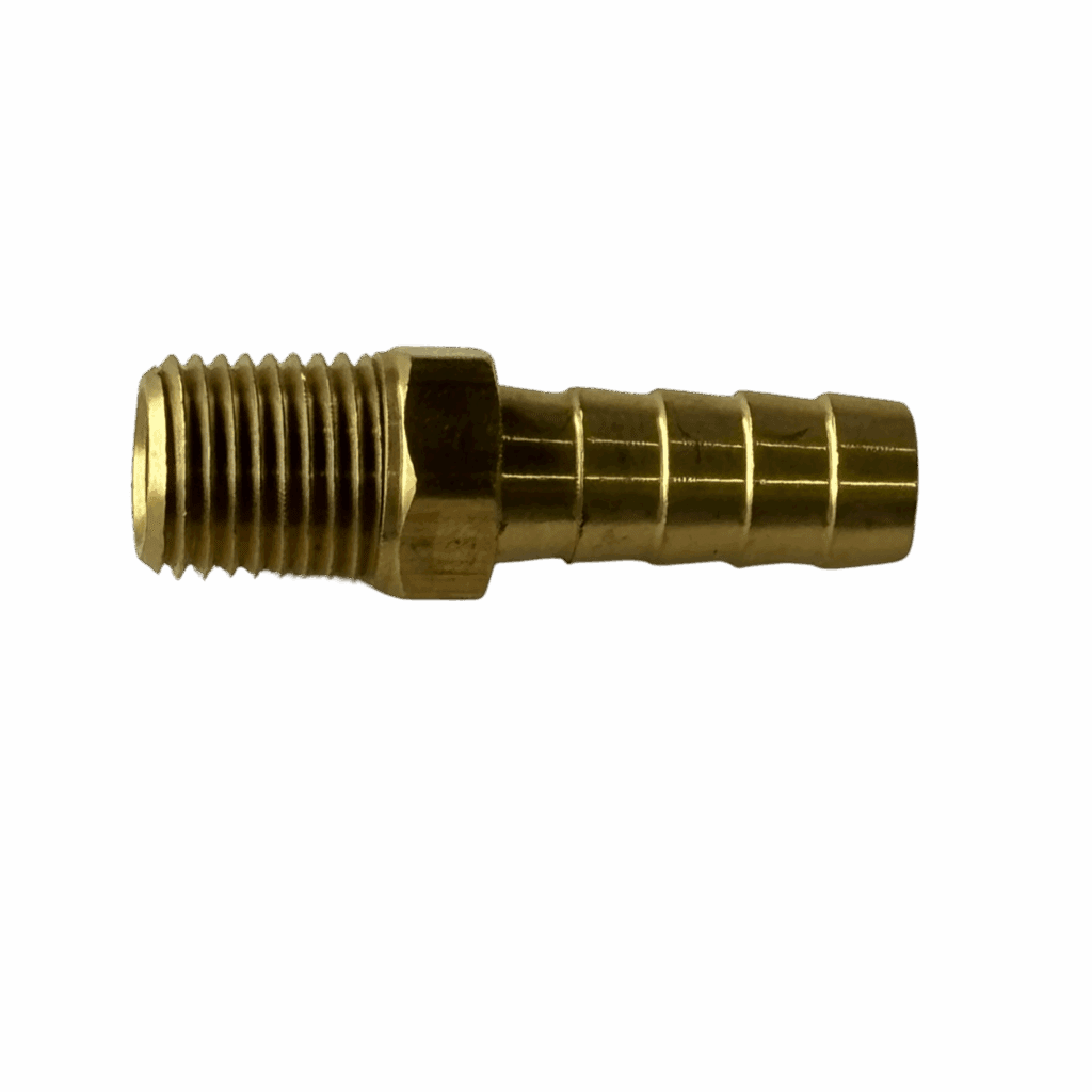 A brass hose barb fitting with threaded end.