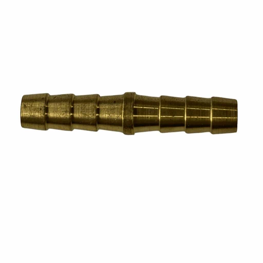 A brass barbed hose connector fitting.