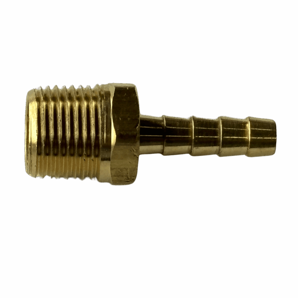 Brass hose barb fitting with threaded male end.
