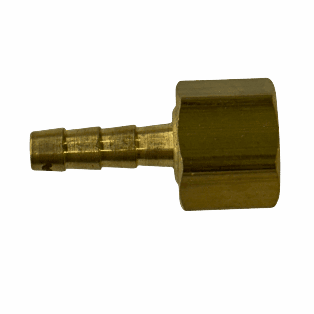 A brass hose connector with a barbed end and threaded female end.