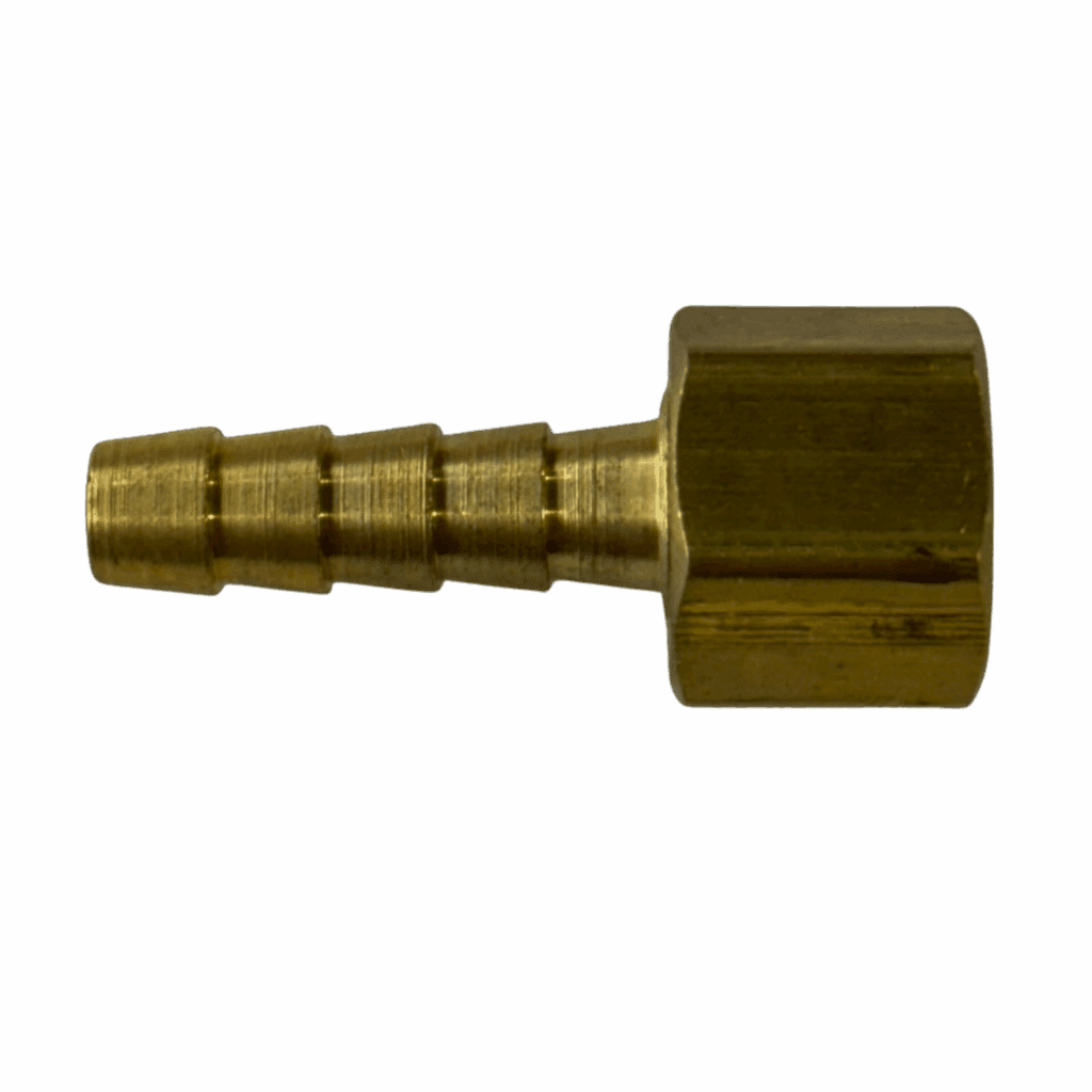 Brass hose connector fitting with a barbed end and a threaded nut.