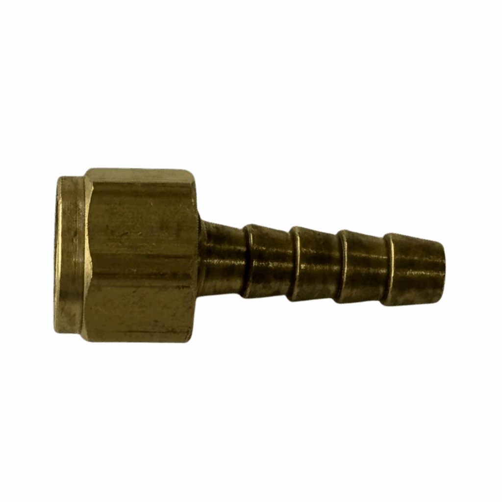 Brass hose barb fitting with hexagonal nut end.