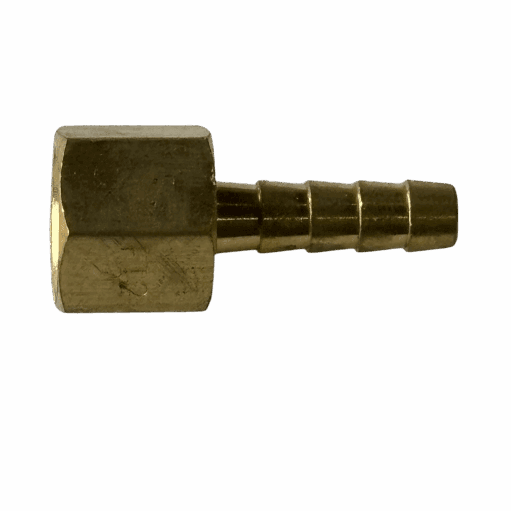 A brass hose connector with a hexagonal nut and barbed end.
