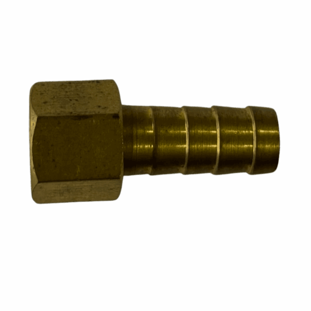 A brass hose fitting with a hexagonal nut and barbed end.