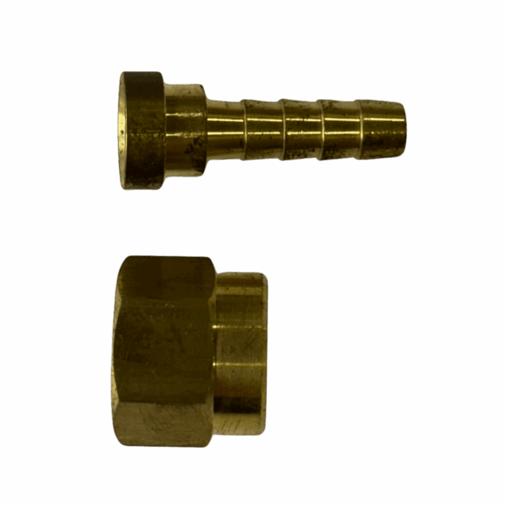 Two brass hose fittings with threaded ends.