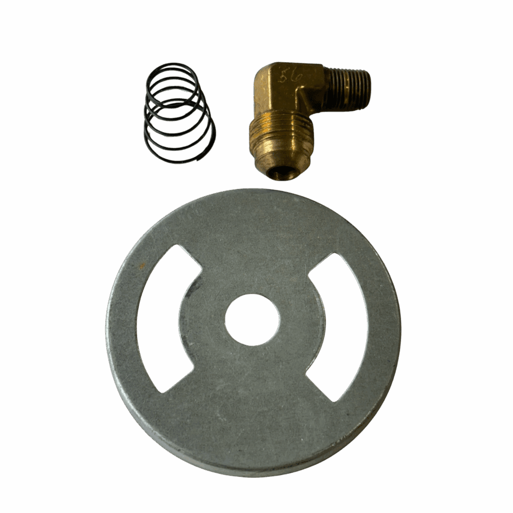 A metal circular plate, a coiled spring, and a brass elbow fitting.