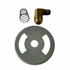 A metal circular plate, a coiled spring, and a brass elbow fitting.