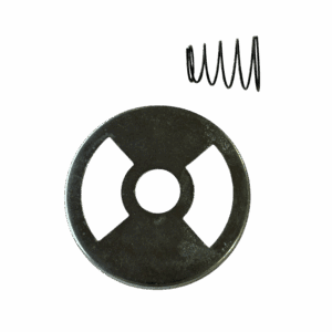 A metal circular plate with three cutouts and a small coil spring beside it.