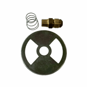 Metal wheel with a spring and a brass fitting on a gray background.