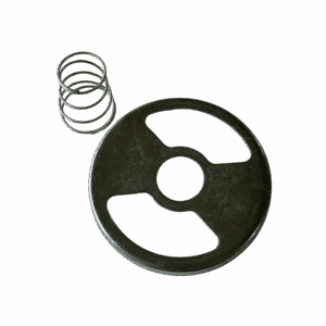 A metal spring and a round metal disc with holes.