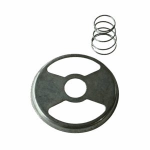 Metal valve handle and a small coil spring on a gray background.