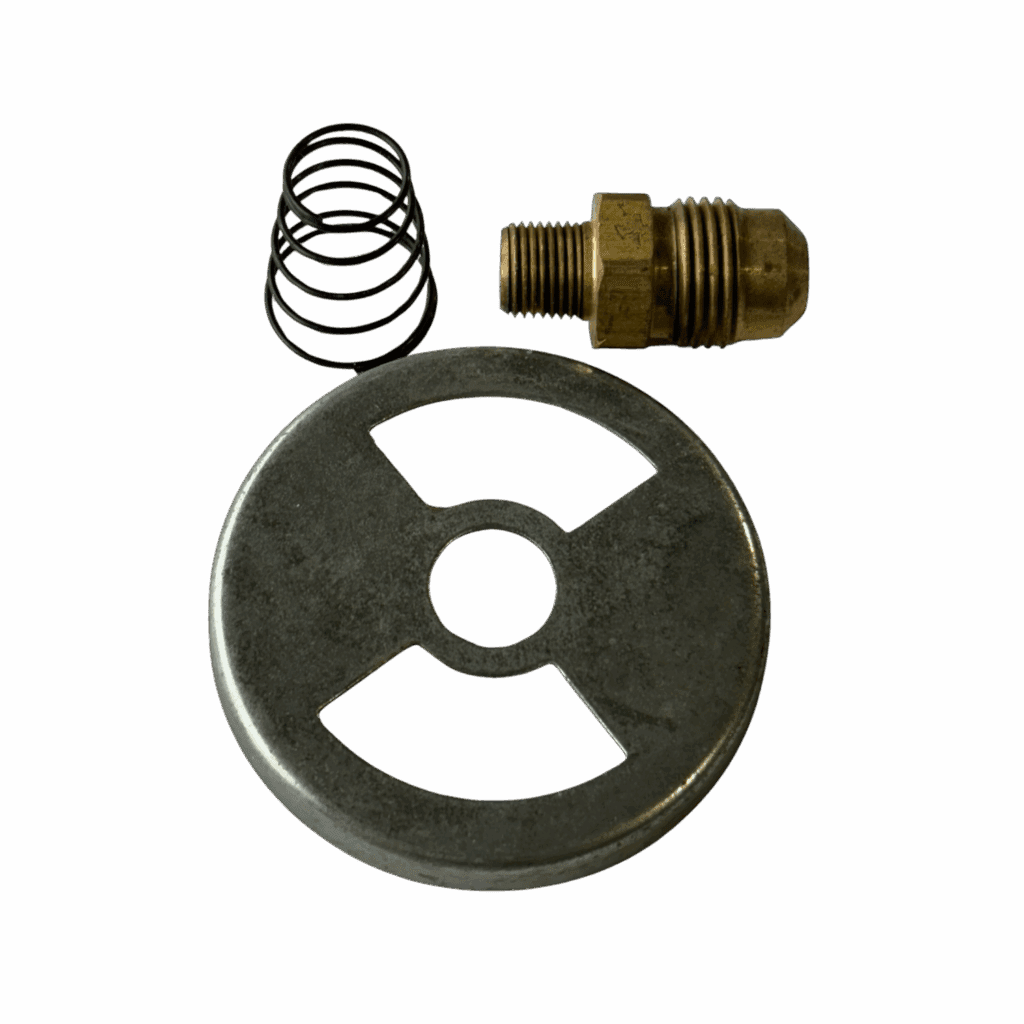 A metal cap, spring, and brass fitting on a white background.
