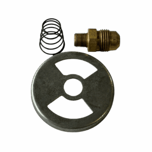 A metal cap, spring, and brass fitting on a white background.