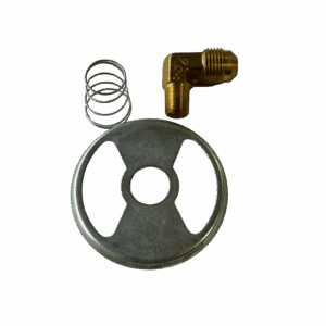 Metal valve wheel with a spring and brass elbow fitting on a green background.