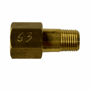 Brass threaded connector fitting marked with '63'.