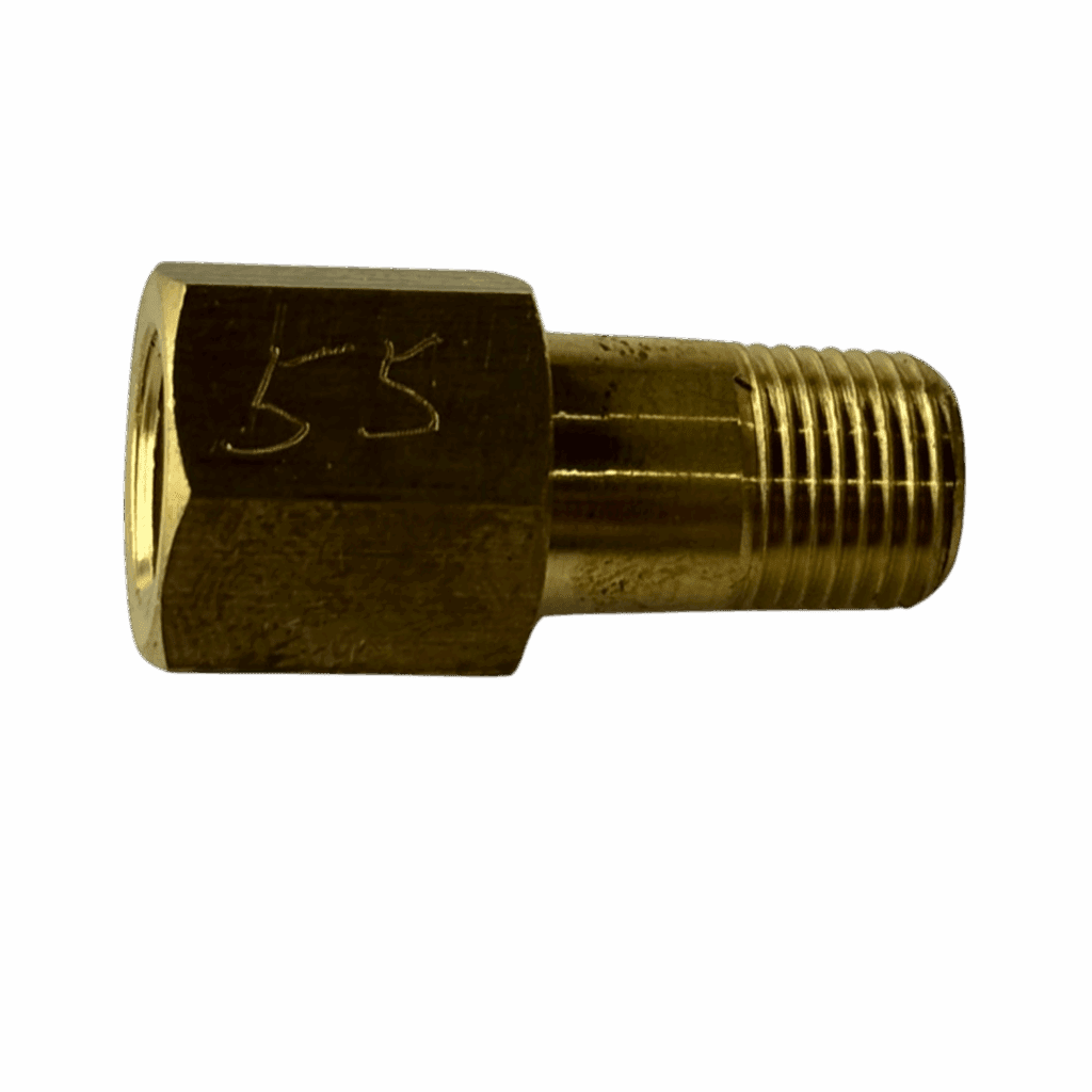 Brass pipe fitting with hexagonal nut and threaded end.