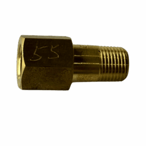 Brass pipe fitting with hexagonal nut and threaded end.
