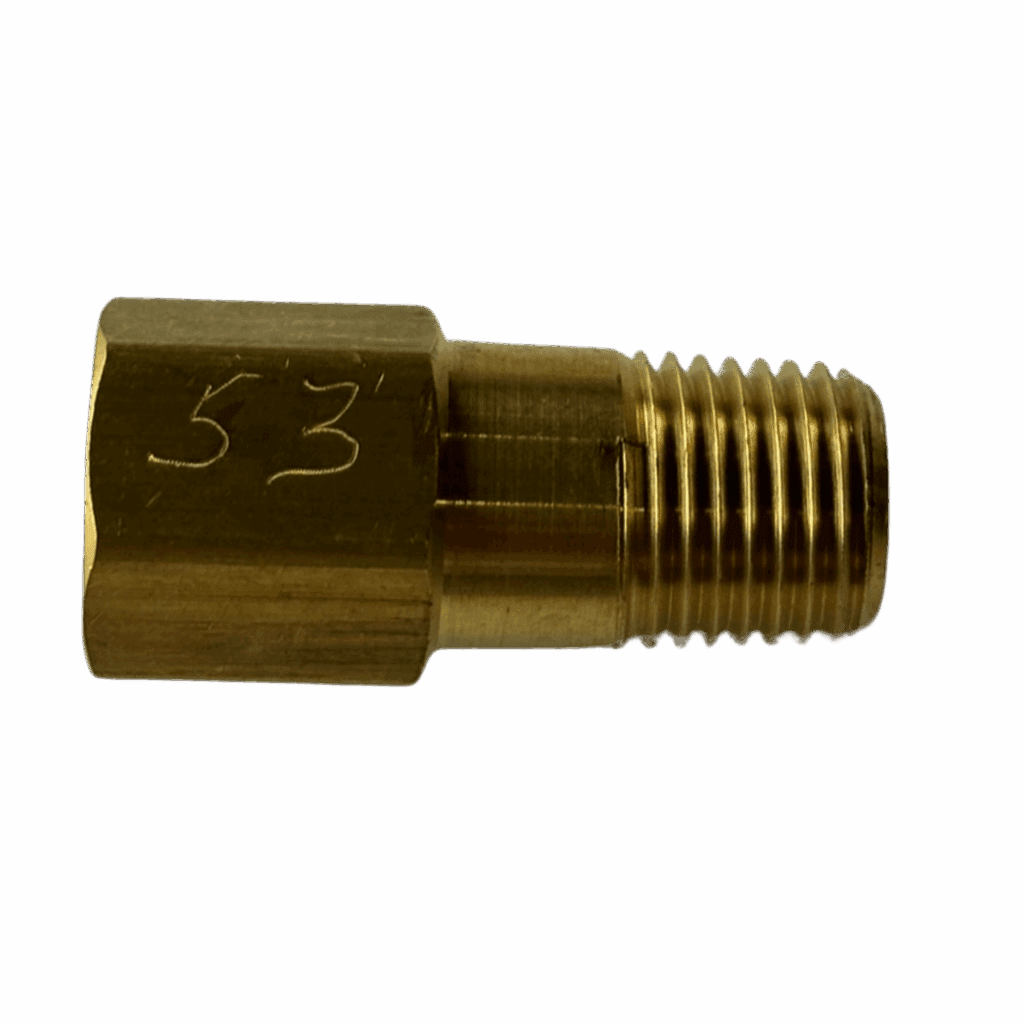A brass threaded fitting with '53' marked on the hexagonal end.