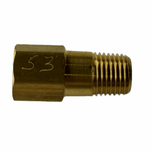 A brass threaded fitting with '53' marked on the hexagonal end.