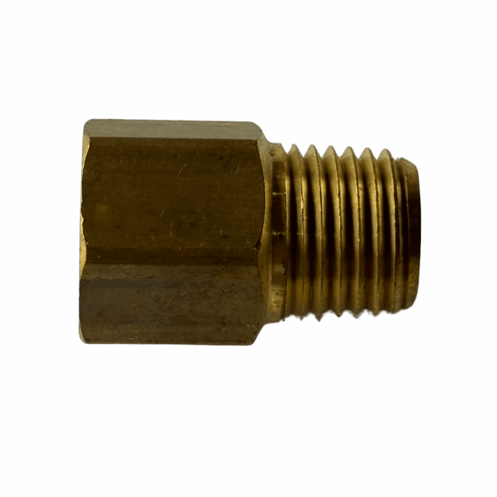 Brass threaded pipe fitting with hexagonal body.