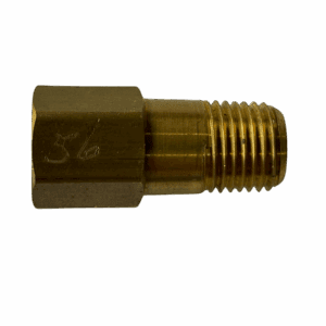 Close-up of a brass threaded nozzle marked with '36'.