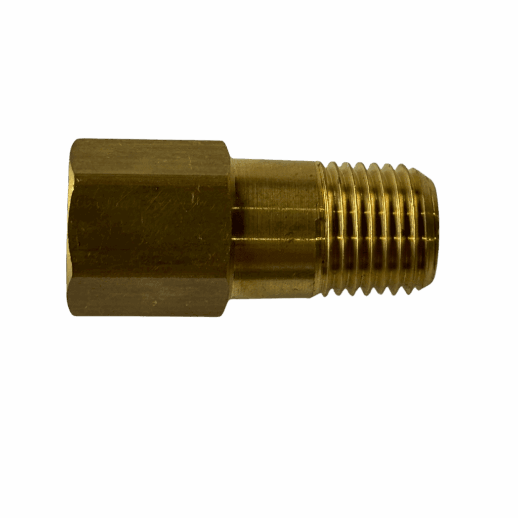 Brass pipe fitting with threaded ends for plumbing connections.