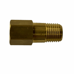 Brass pipe fitting with threaded ends for plumbing connections.