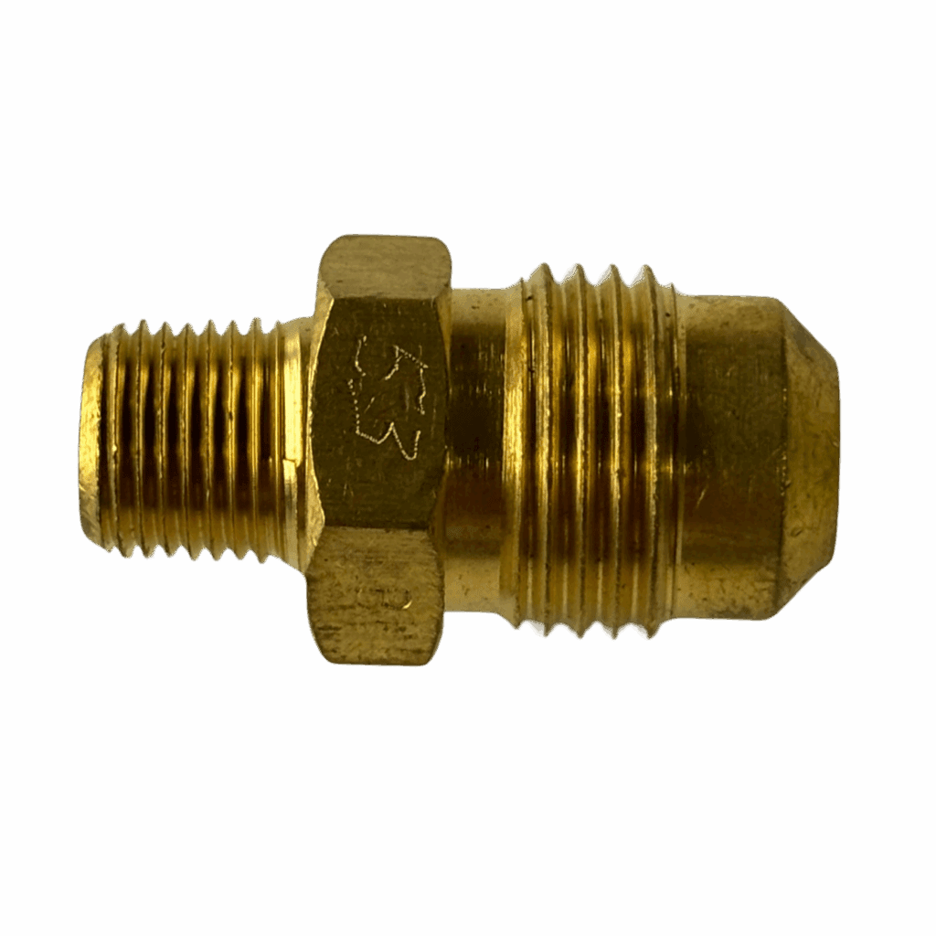 A brass pipe fitting with threaded ends.