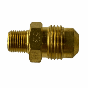 A brass pipe fitting with threaded ends.