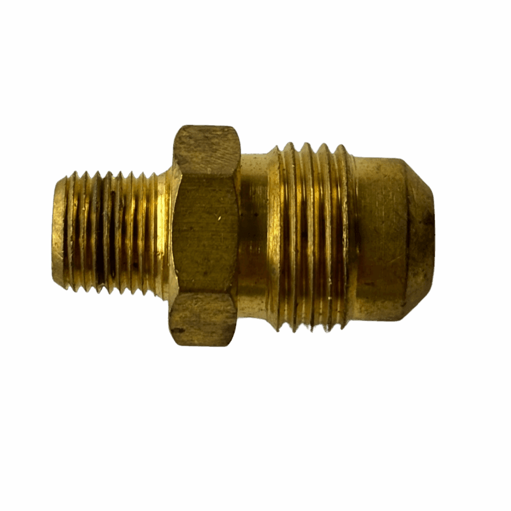 Close-up of a brass plumbing fitting with threaded ends.