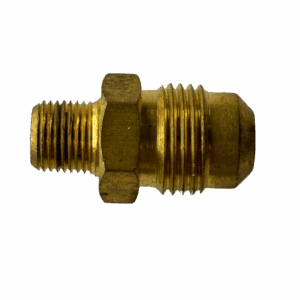 Close-up of a brass plumbing fitting with threaded ends.