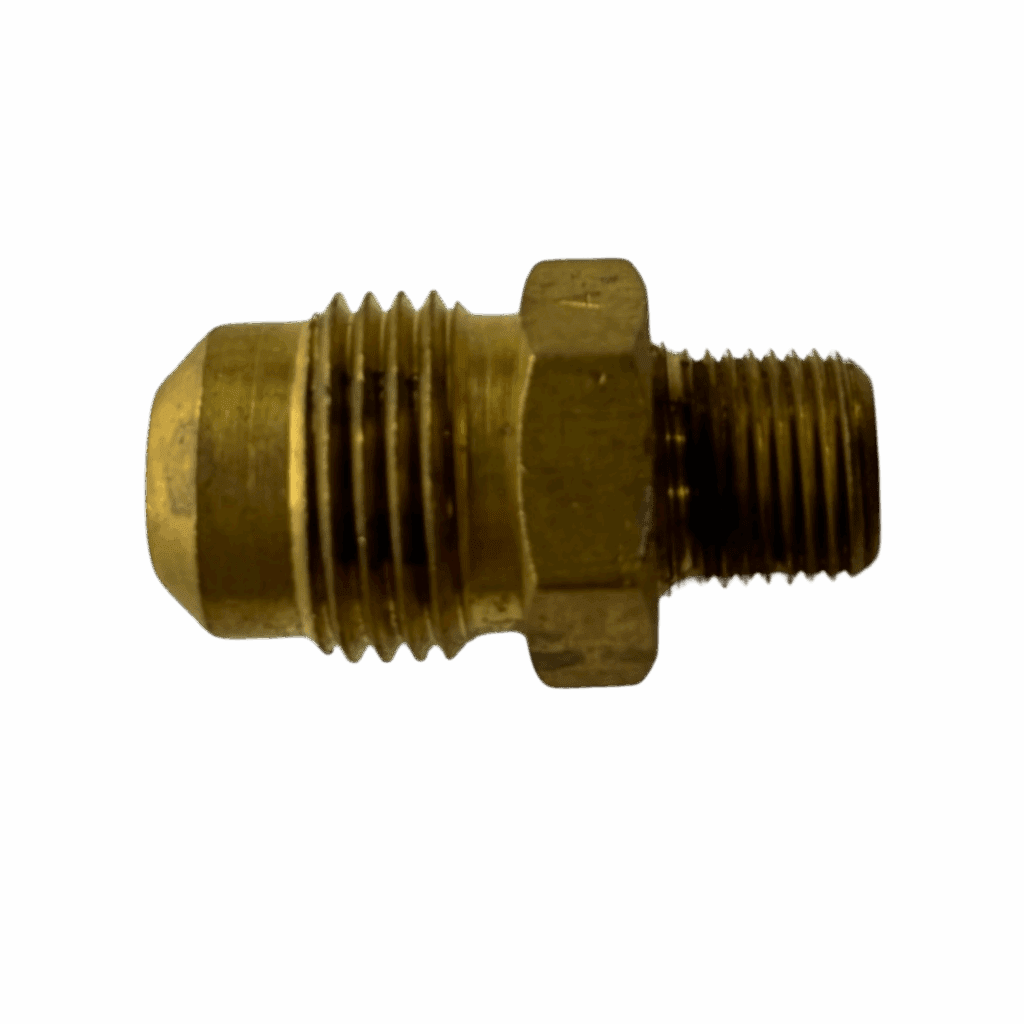 Brass threaded pipe fitting with hex nut middle section.