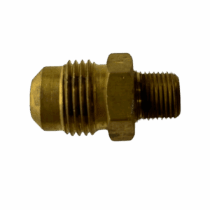Brass threaded pipe fitting with hex nut middle section.