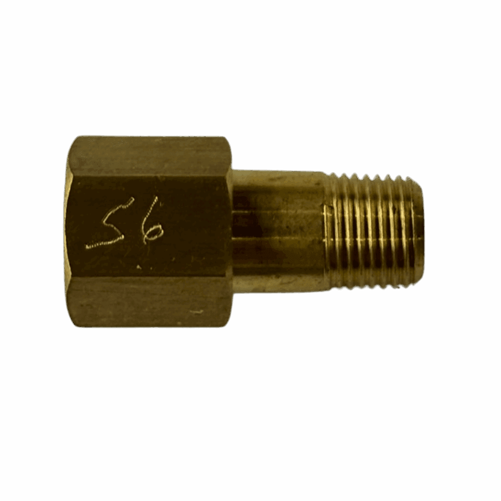 Metal threaded pipe fitting with hexagonal nut and '56' marked on side.
